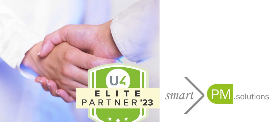 Händedruck, soll eine Kooperation zwischen 2 Menschen zeigen, darunter das Unit4 Elite Partner Abzeichen, daneben smartPM.solutions Logo