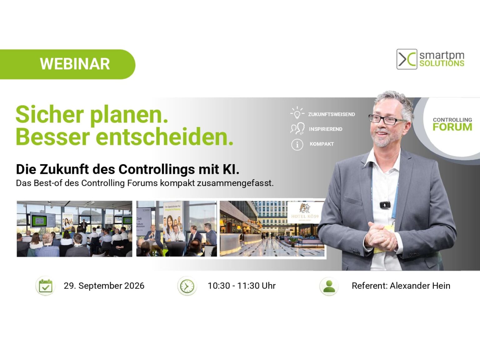 Titelbild für das Webinar Sicher planen. Besser entscheiden. Die Zukunft des Controllings mit KI. Das Best-of des Controlling Forums kompakt zusammengefasst.
